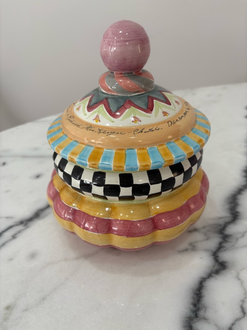 Signed Vintage Mackenzie Childs Taylor Odd Fellows Lidded Canister Cookie Jar